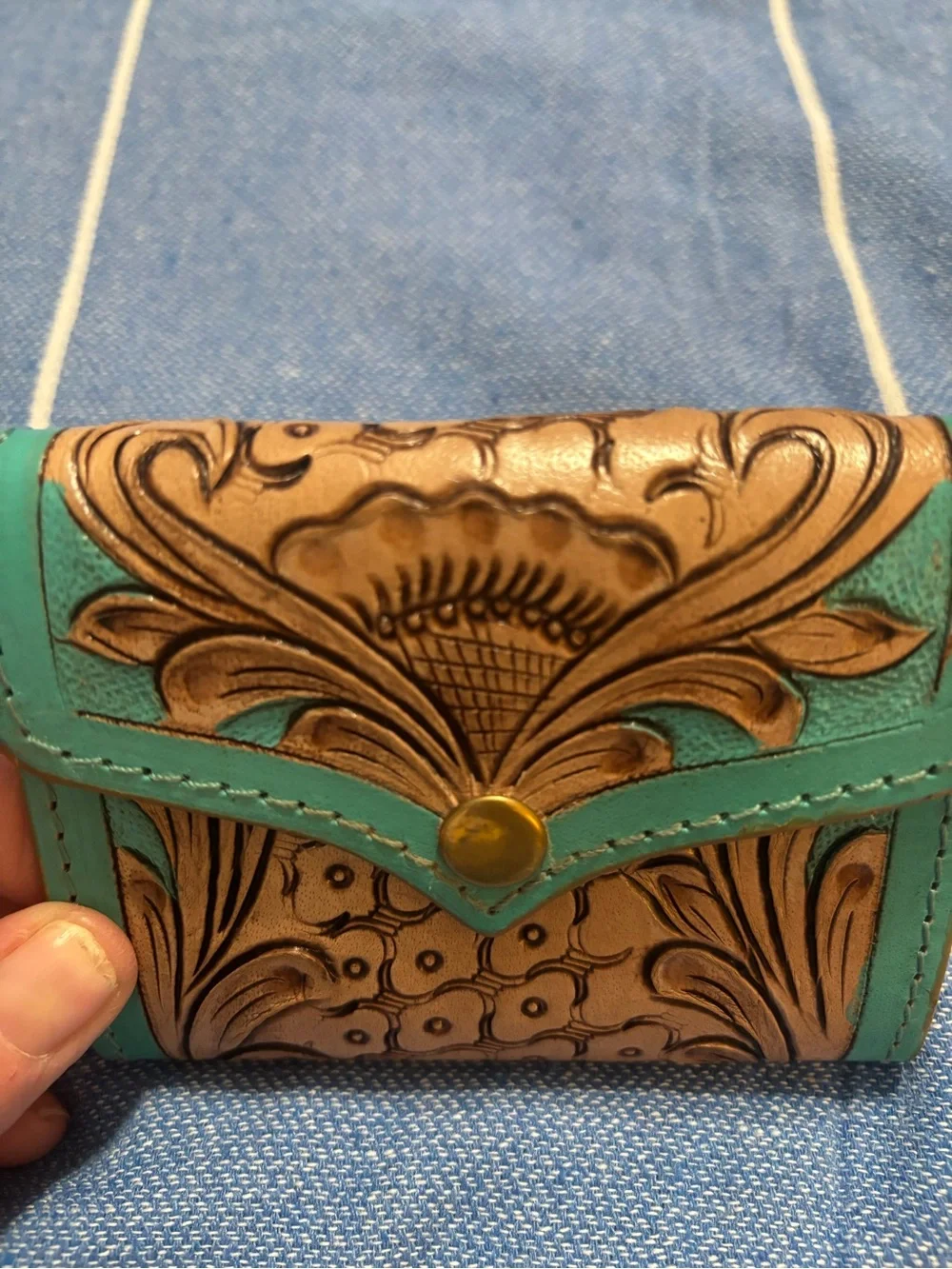 Turquoise-Trim Floral Tooled Leather Wallet